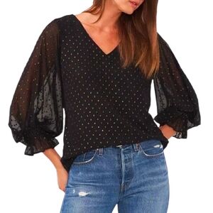 Vince Camuto Women's V-neck Blouse with Balloon Sleeves - Rich Black Size XL